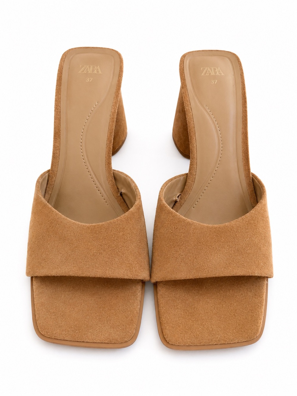 Zara Camel Suede Square Toe Mule Heels (Size 7)